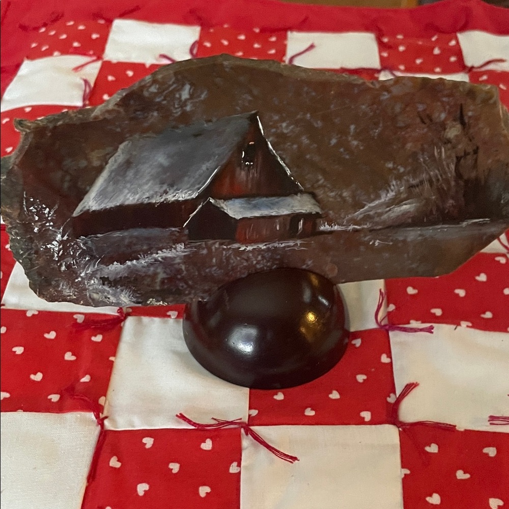 Handpainted Rock Slice Rustic Barn Scene On Stand